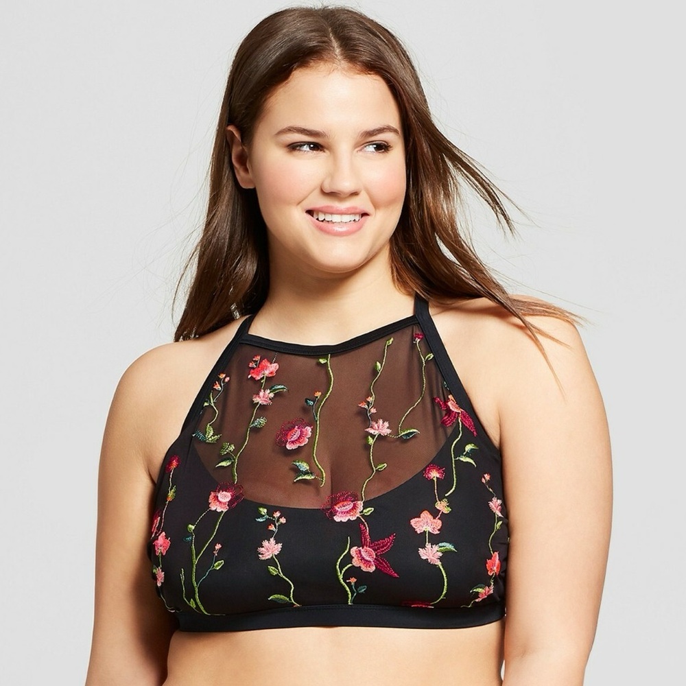 Floral Embroidered Halter Swim Top Plus Size Swimsuit Cupped Summer Mesh